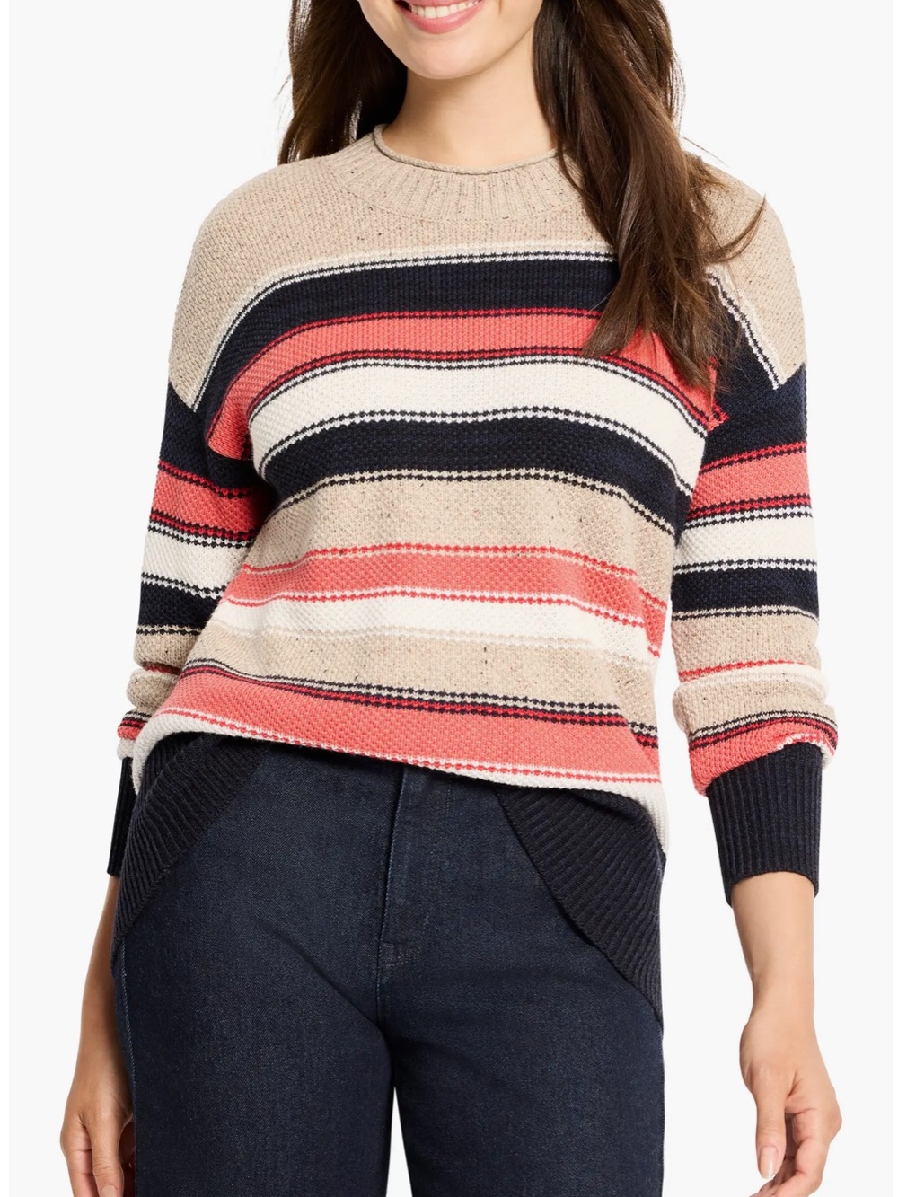 Nic + Zoe Nep Striped Crewneck Sweater in Beige, Navy & Coral Pink